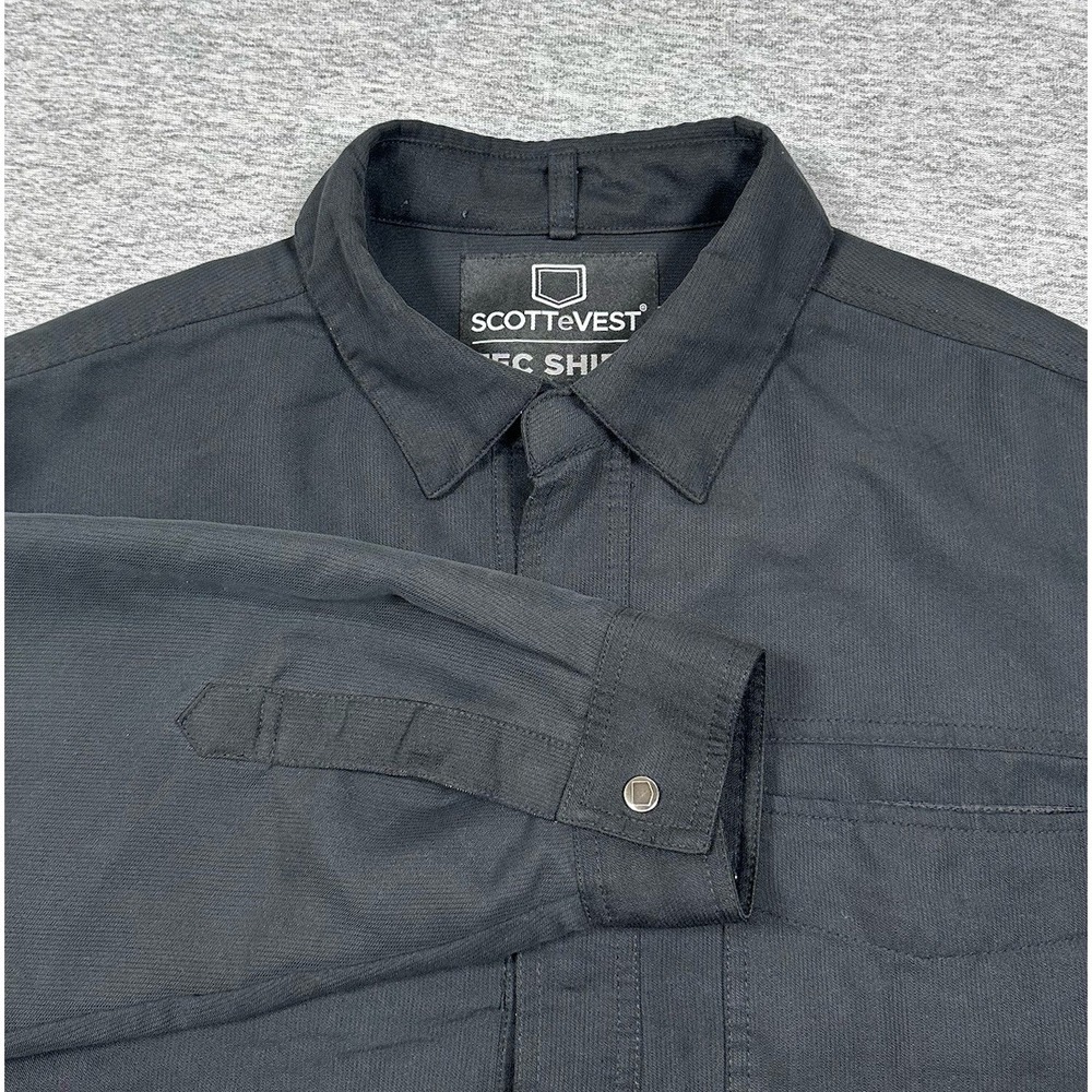 SCOTTeVEST Tec Shirt Mens Medium Black Snap Up Hidden Pockets Travel Long Sleeve